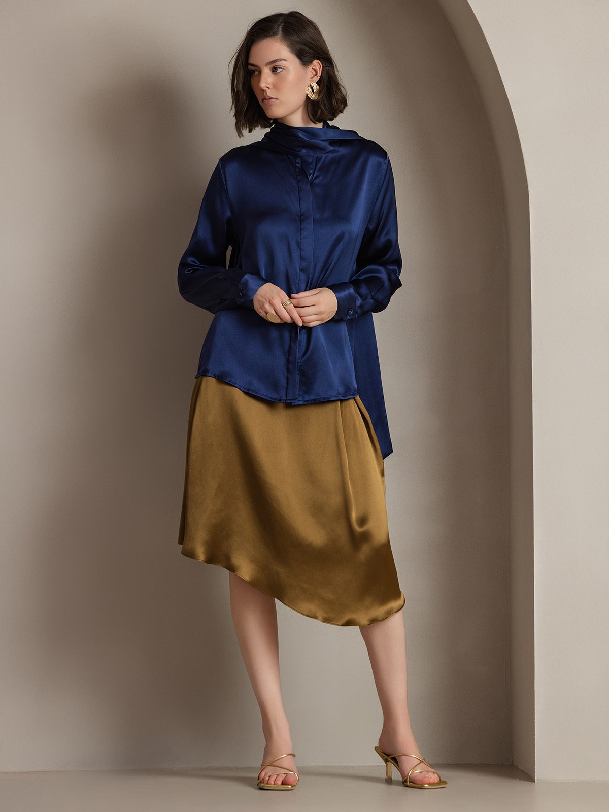 [Dark Blue] SilkSilky-AU 19Momme Silk Long Sleeve Tie Neck Women's Shirt 004