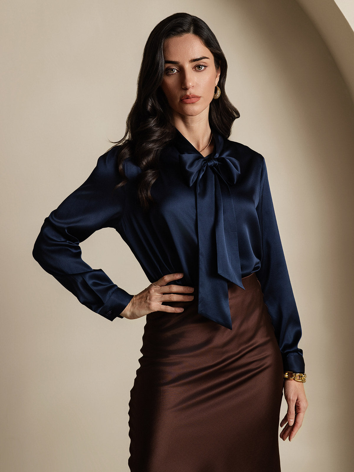 [Dark Blue] SilkSilky-AU 19Momme Silk Long Sleeve Tie Neck Women's Shirt 004