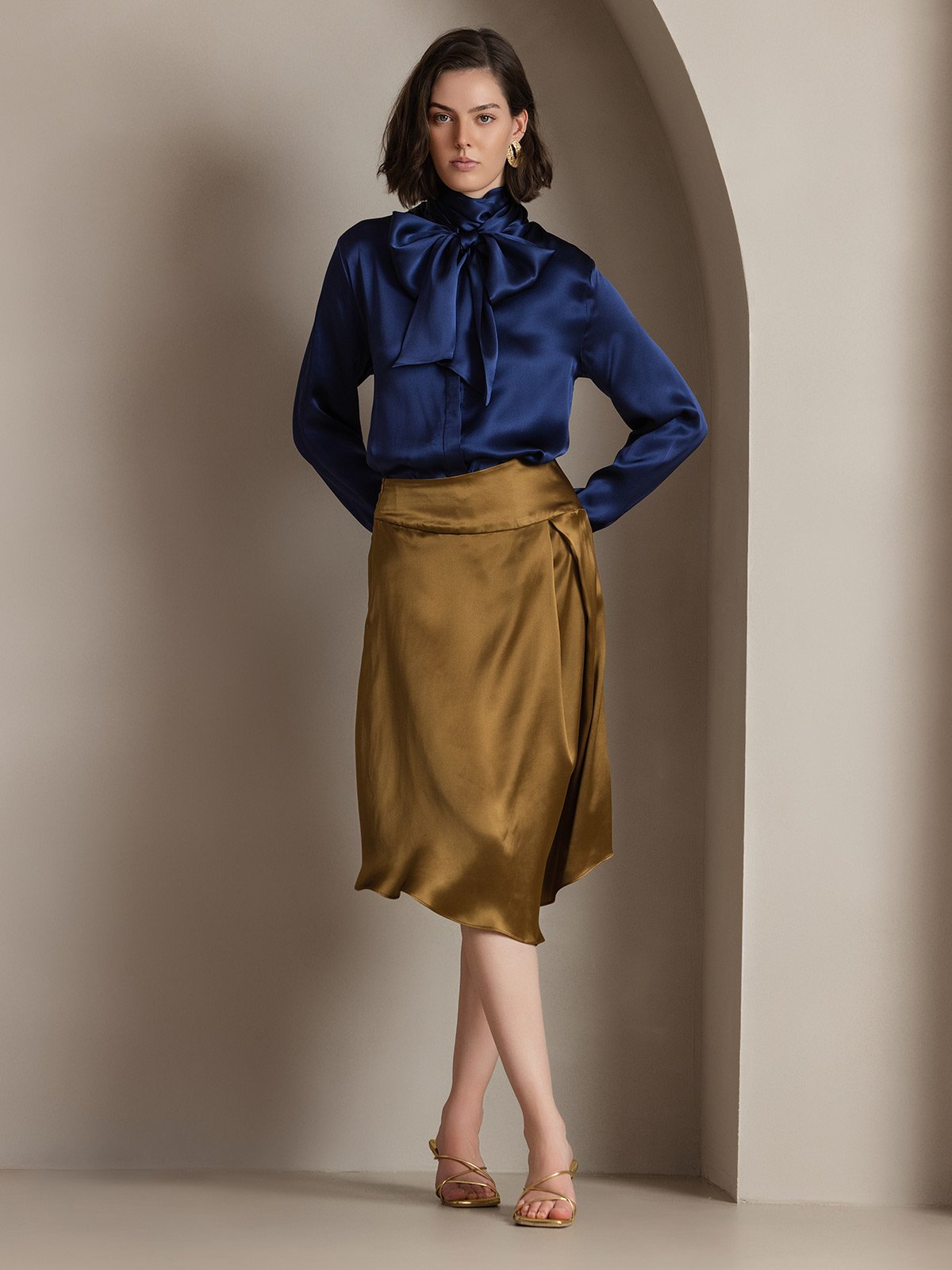 [Dark Blue] SilkSilky-AU 19Momme Silk Long Sleeve Tie Neck Women's Shirt 005