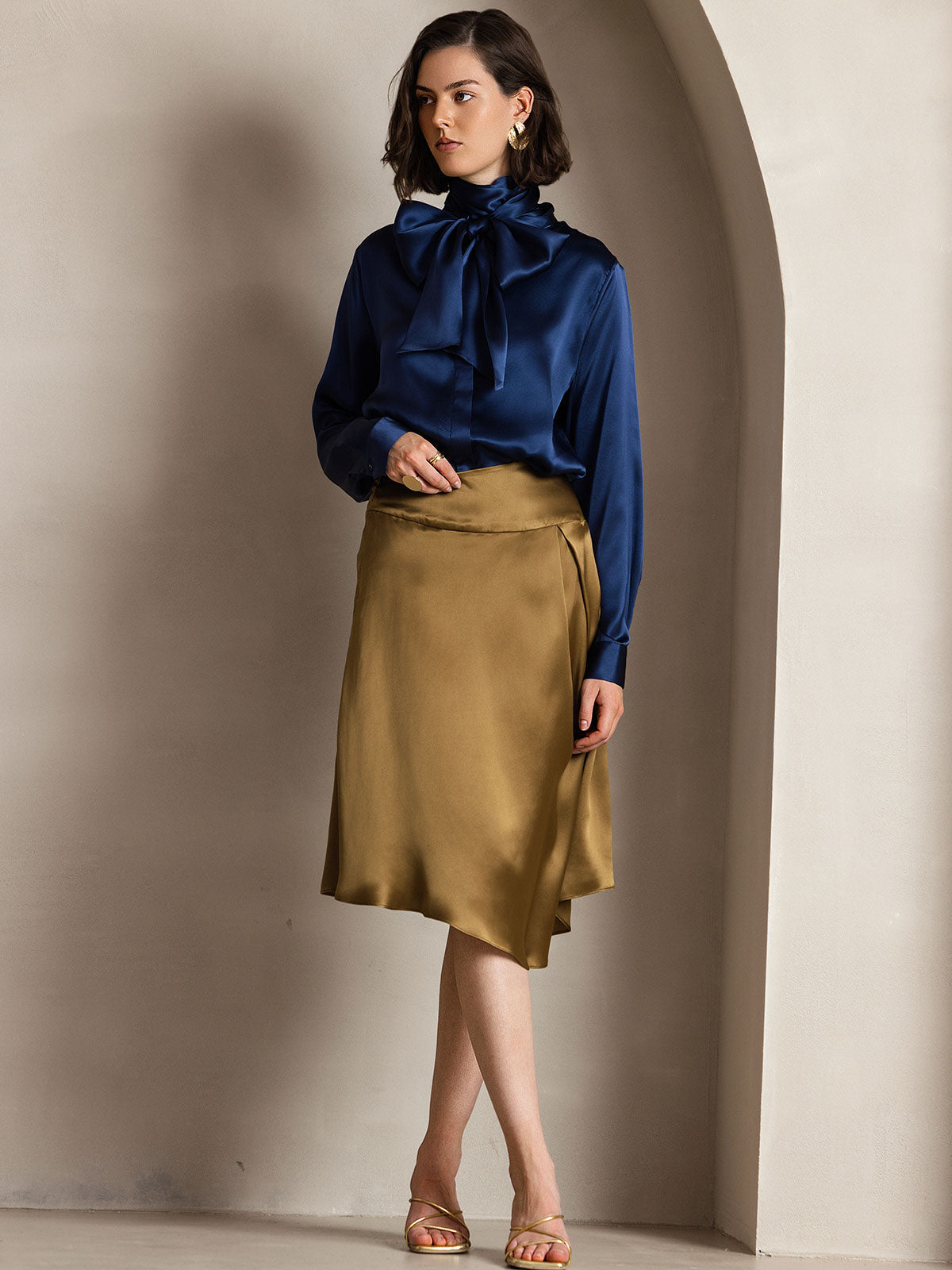 [Dark Blue] SilkSilky-AU 19Momme Silk Long Sleeve Tie Neck Women's Shirt 005