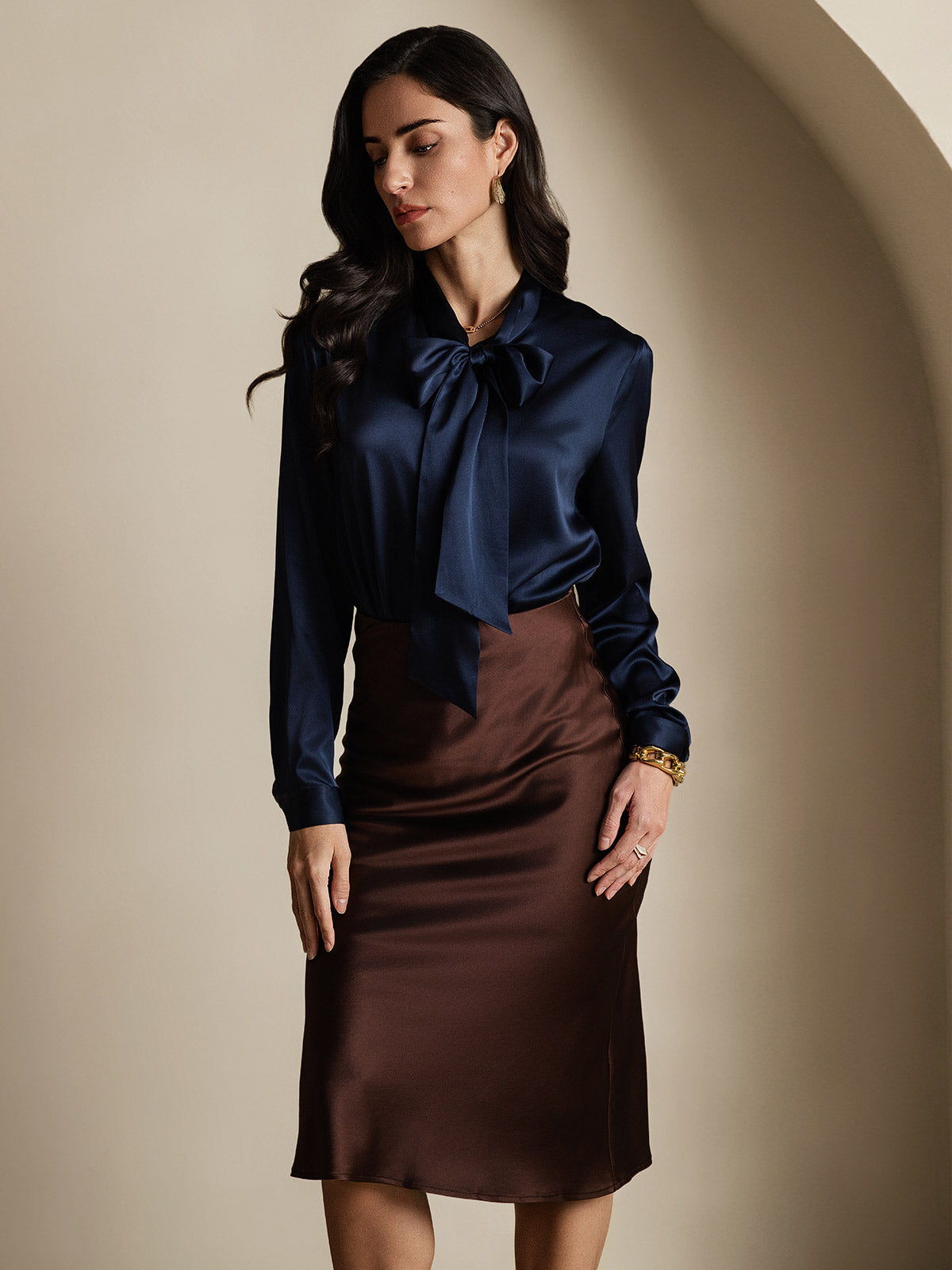 [Dark Blue] SilkSilky-AU 19Momme Silk Long Sleeve Tie Neck Women's Shirt 005