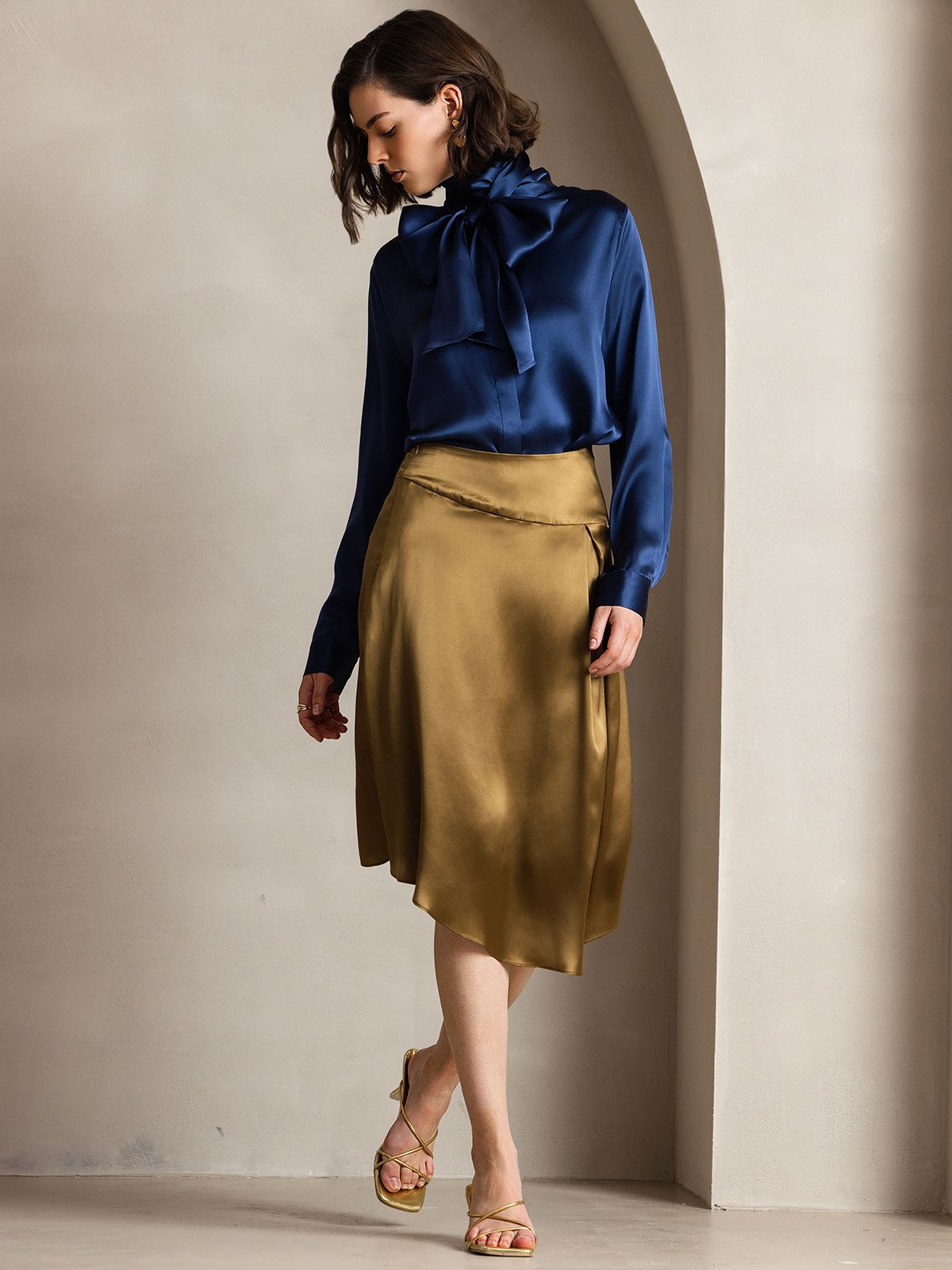 [Dark Blue] SilkSilky-AU 19Momme Silk Long Sleeve Tie Neck Women's Shirt 006