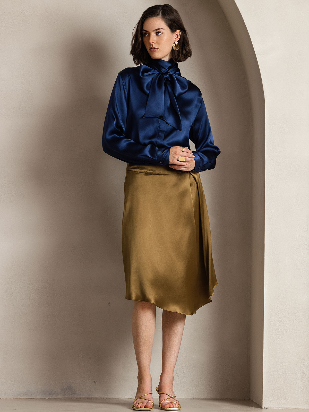 [Dark Blue] SilkSilky-AU 19Momme Silk Long Sleeve Tie Neck Women's Shirt 006
