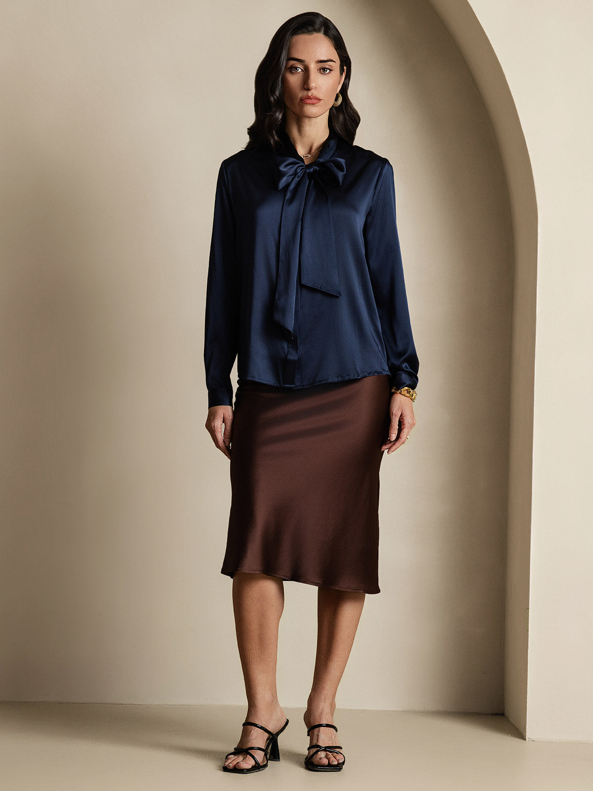 [Dark Blue] SilkSilky-AU 19Momme Silk Long Sleeve Tie Neck Women's Shirt 006