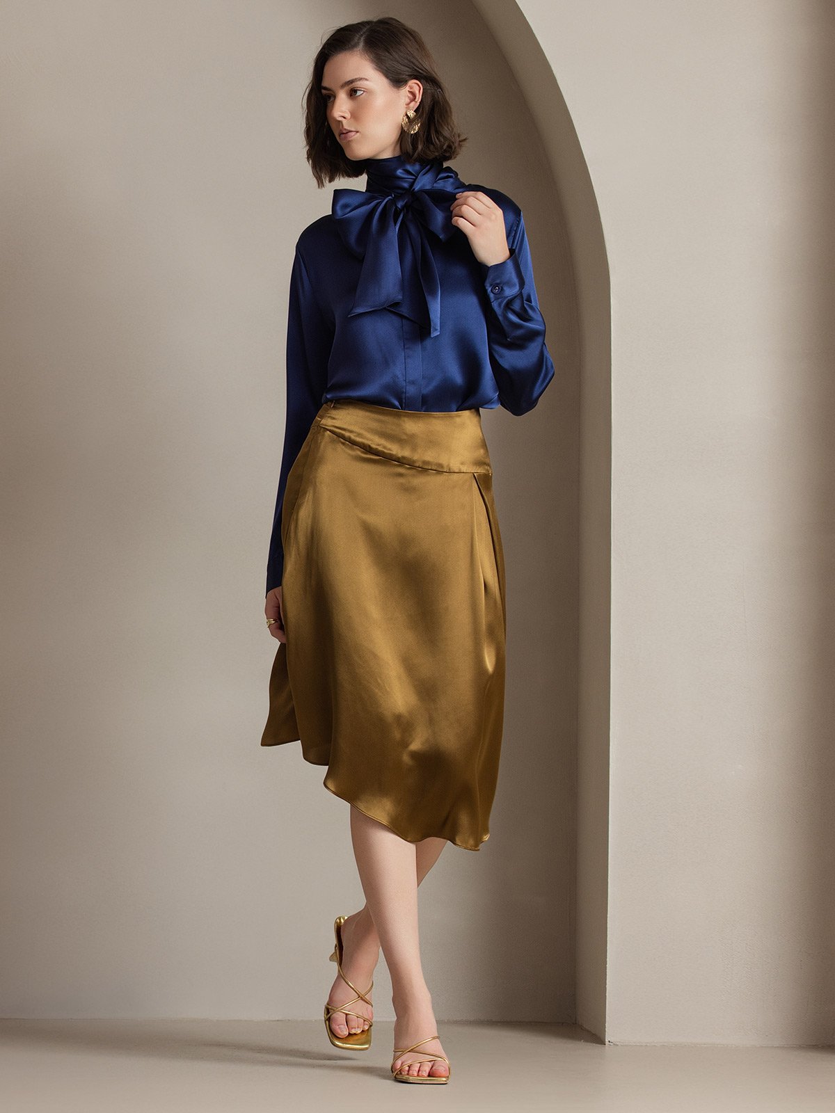 [Dark Blue] SilkSilky-AU 19Momme Silk Long Sleeve Tie Neck Women's Shirt 007