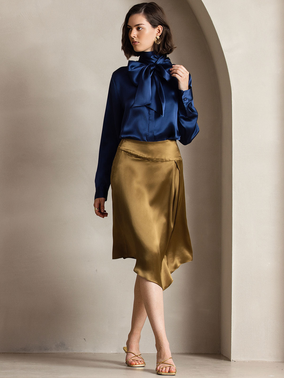 [Dark Blue] SilkSilky-AU 19Momme Silk Long Sleeve Tie Neck Women's Shirt 007