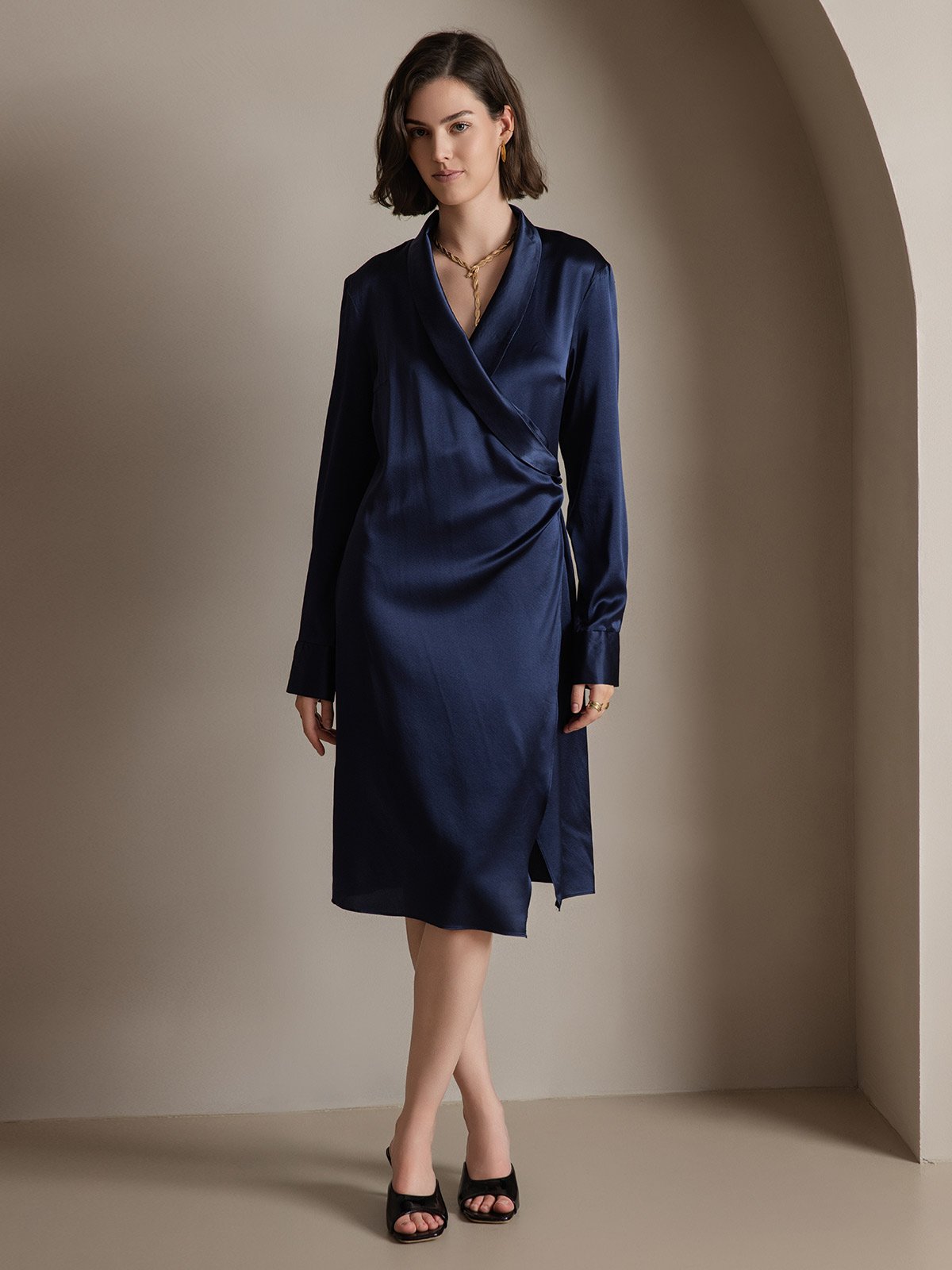 [Dark Blue] SilkSilky-AU 19Momme Silk Long Sleeve V Neck Dress 004