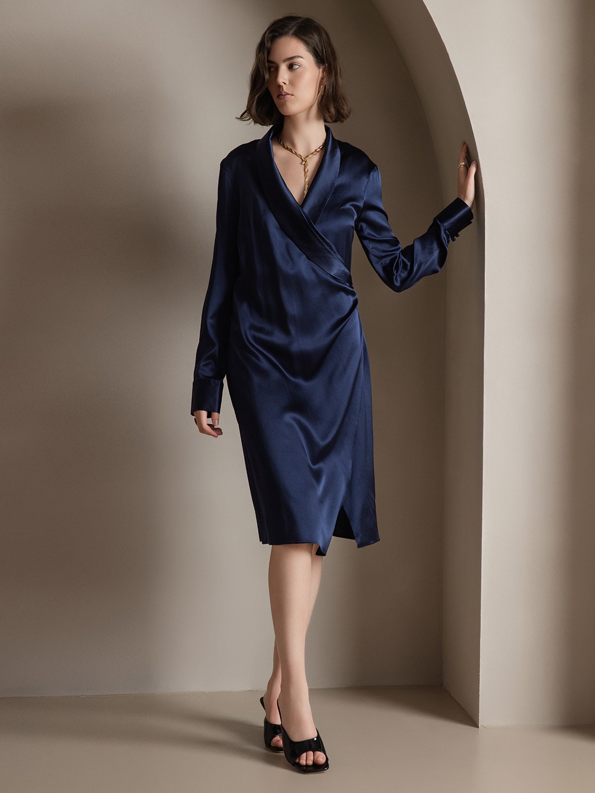 [Dark Blue] SilkSilky-AU 19Momme Silk Long Sleeve V Neck Dress 005