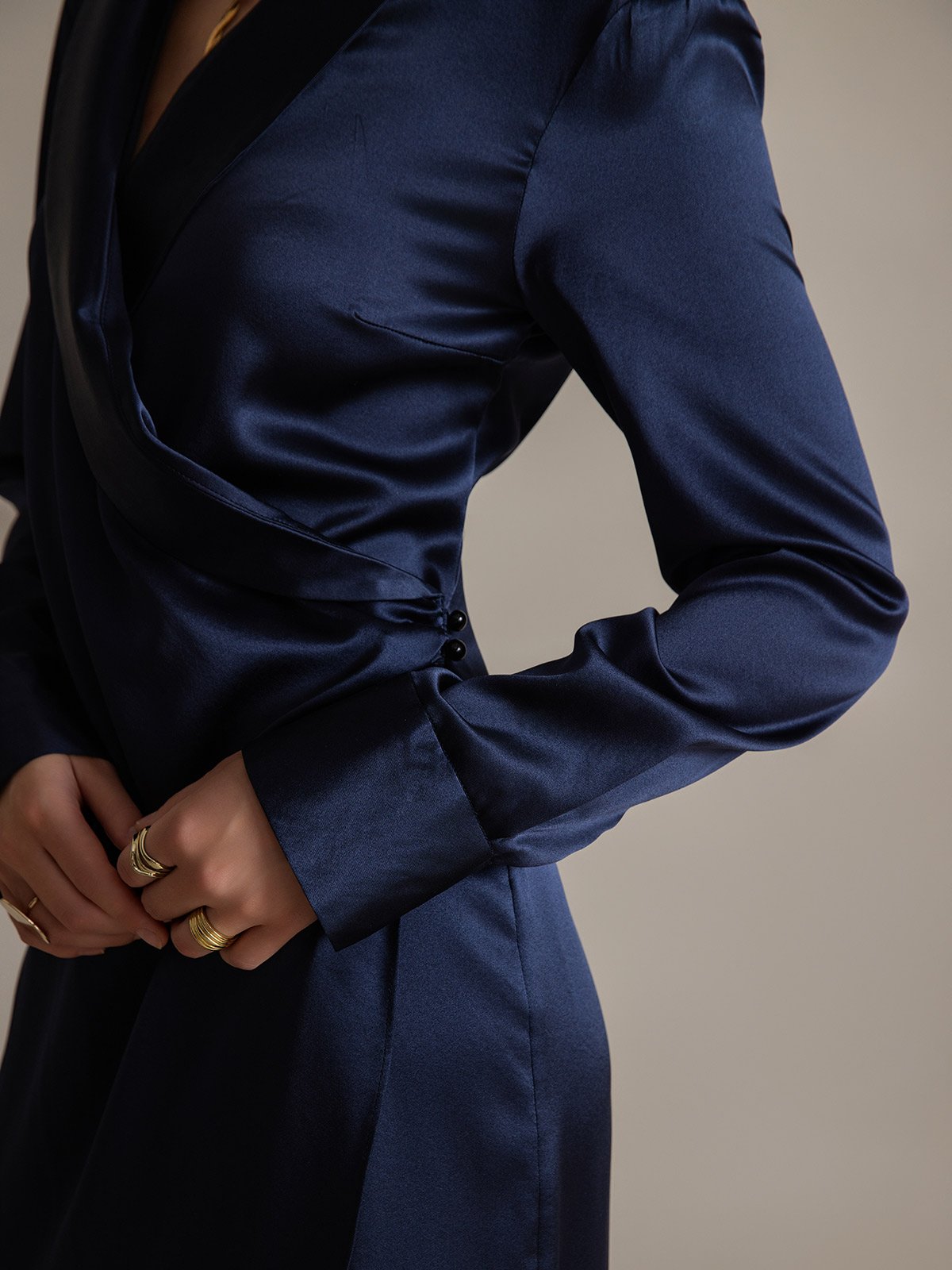 [Dark Blue] SilkSilky-AU 19Momme Silk Long Sleeve V Neck Dress 007