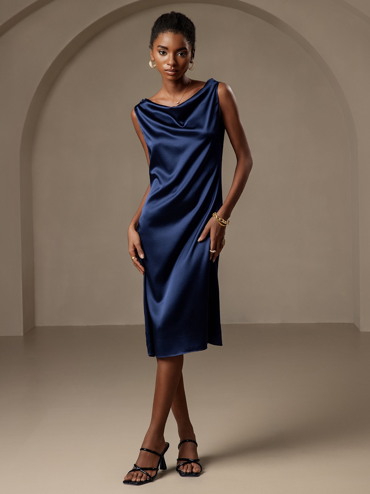 [Dark Blue] SilkSilky-AU 19Momme Silk Sleeveless Cowl Neck Dress 001