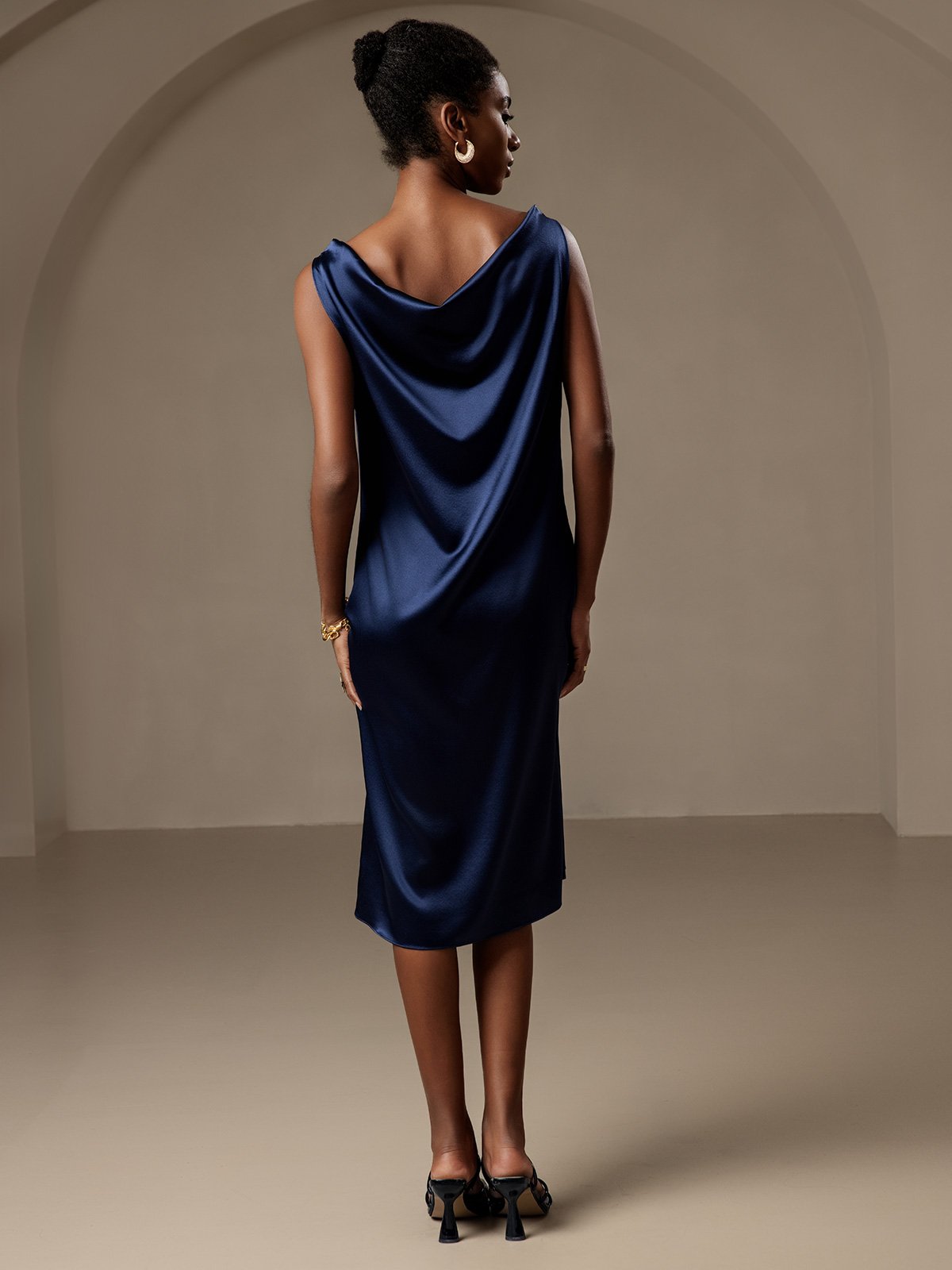 [Dark Blue] SilkSilky-AU 19Momme Silk Sleeveless Cowl Neck Dress 002