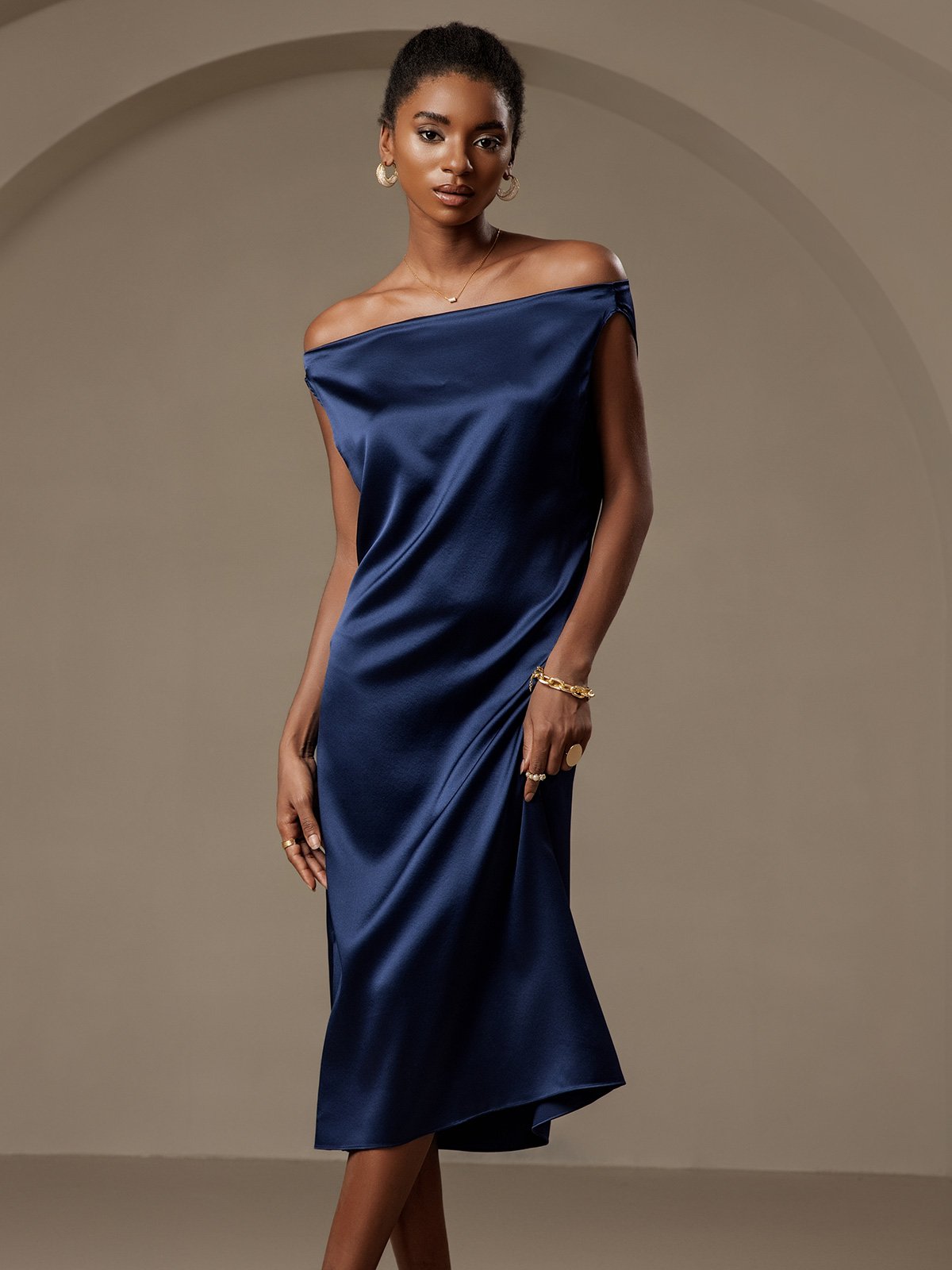 [Dark Blue] SilkSilky-AU 19Momme Silk Sleeveless Cowl Neck Dress 003