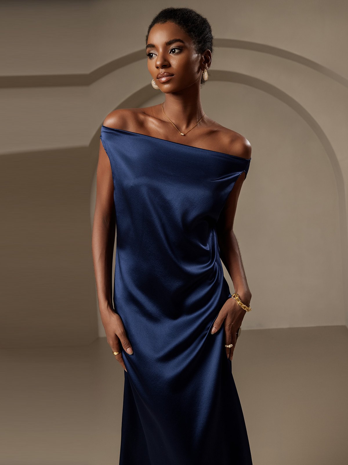 [Dark Blue] SilkSilky-AU 19Momme Silk Sleeveless Cowl Neck Dress 004