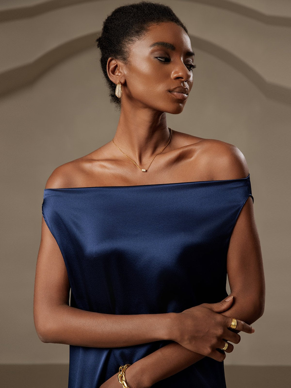 [Dark Blue] SilkSilky-AU 19Momme Silk Sleeveless Cowl Neck Dress 005