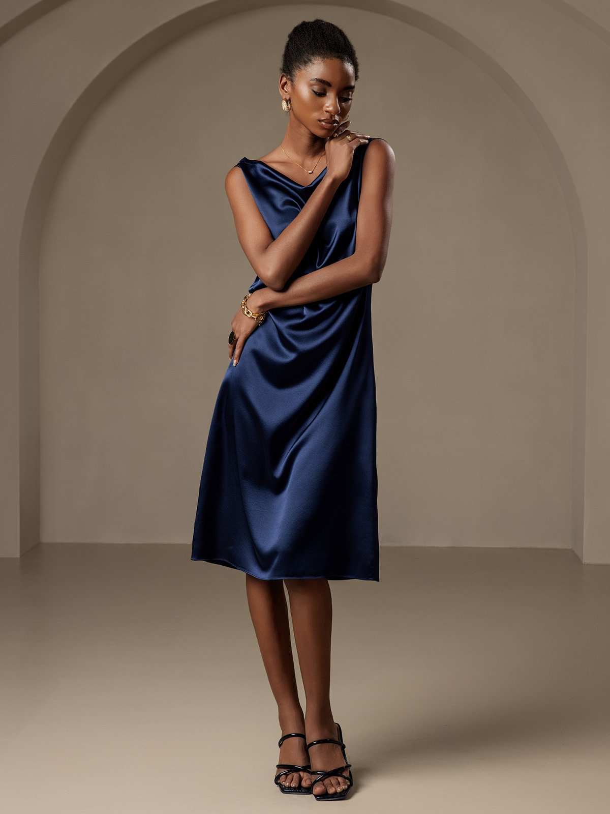 [Dark Blue] SilkSilky-AU 19Momme Silk Sleeveless Cowl Neck Dress 006