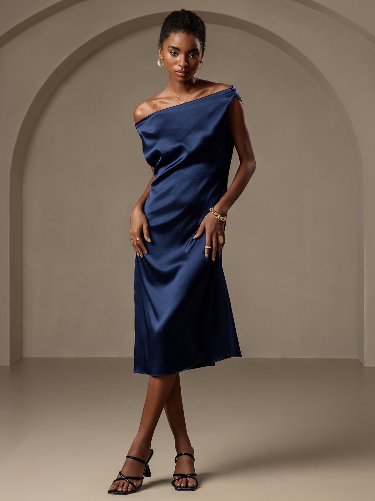 [Dark Blue] SilkSilky-AU 19Momme Silk Sleeveless Cowl Neck Dress 007