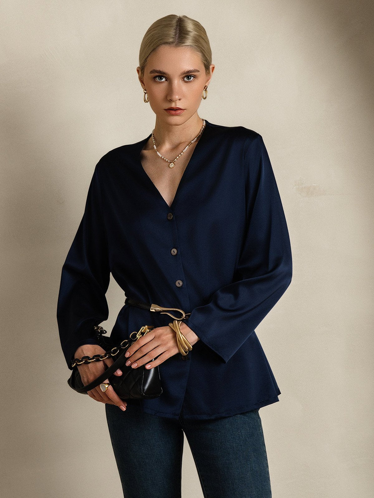 [Dark Blue] SilkSilky-AU 19Momme Silk V Neck Women's Shirt 001
