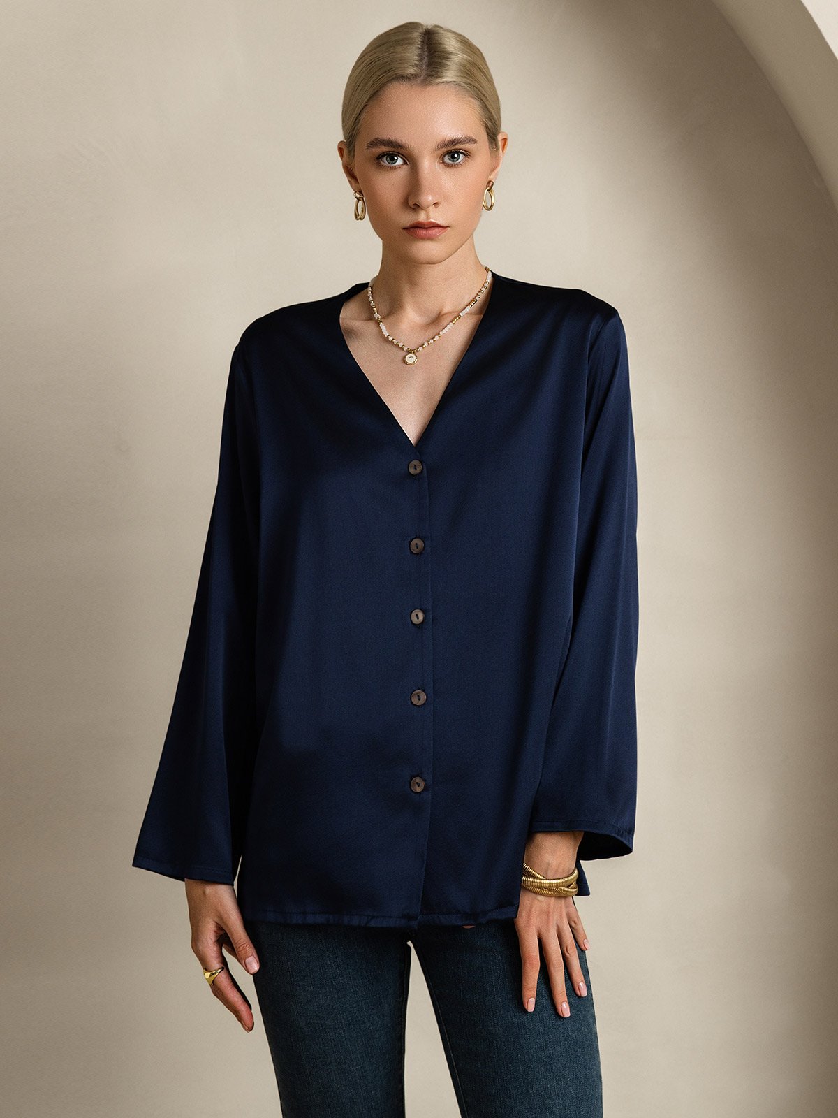 [Dark Blue] SilkSilky-AU 19Momme Silk V Neck Women's Shirt 003