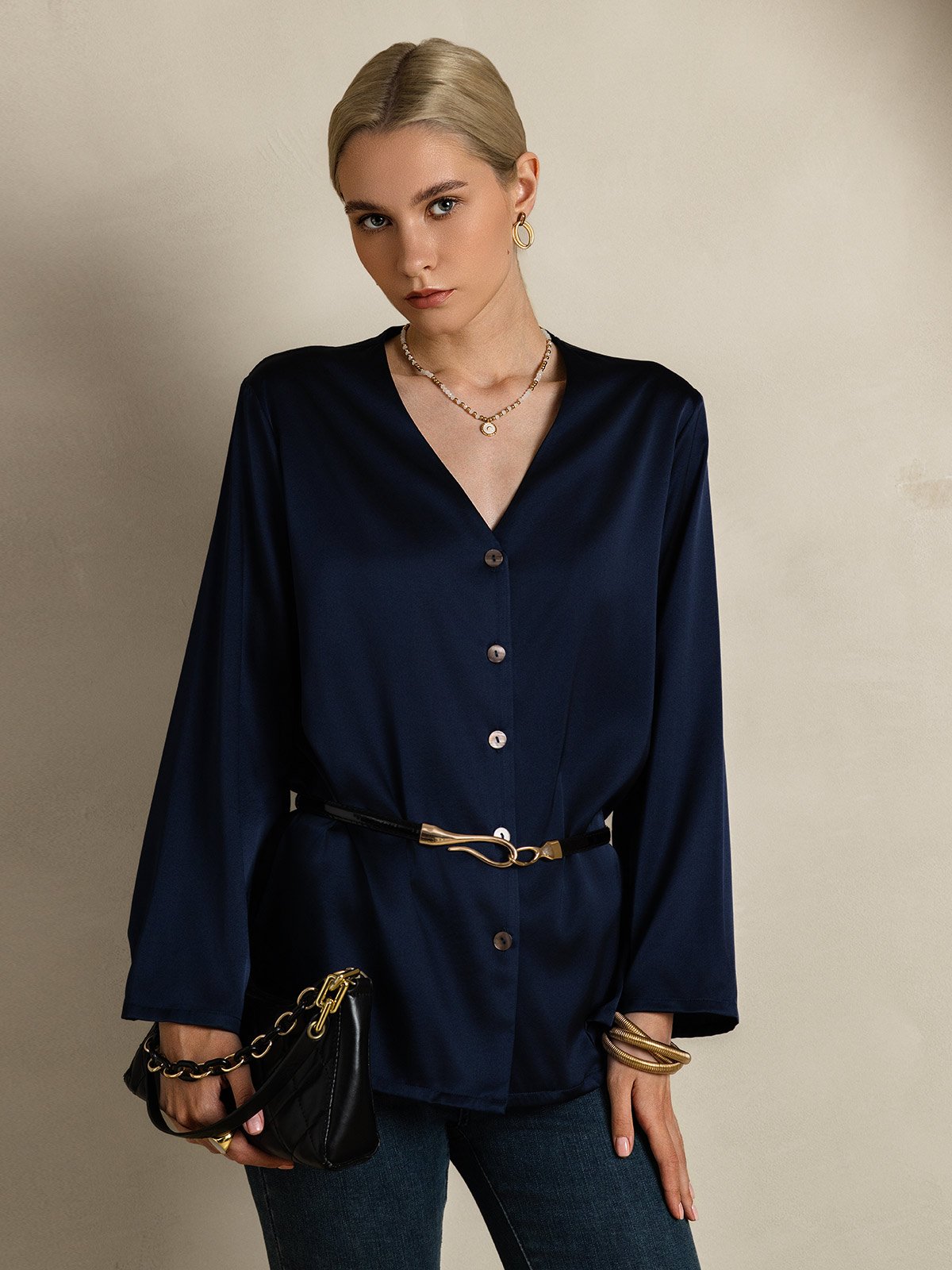 [Dark Blue] SilkSilky-AU 19Momme Silk V Neck Women's Shirt 004