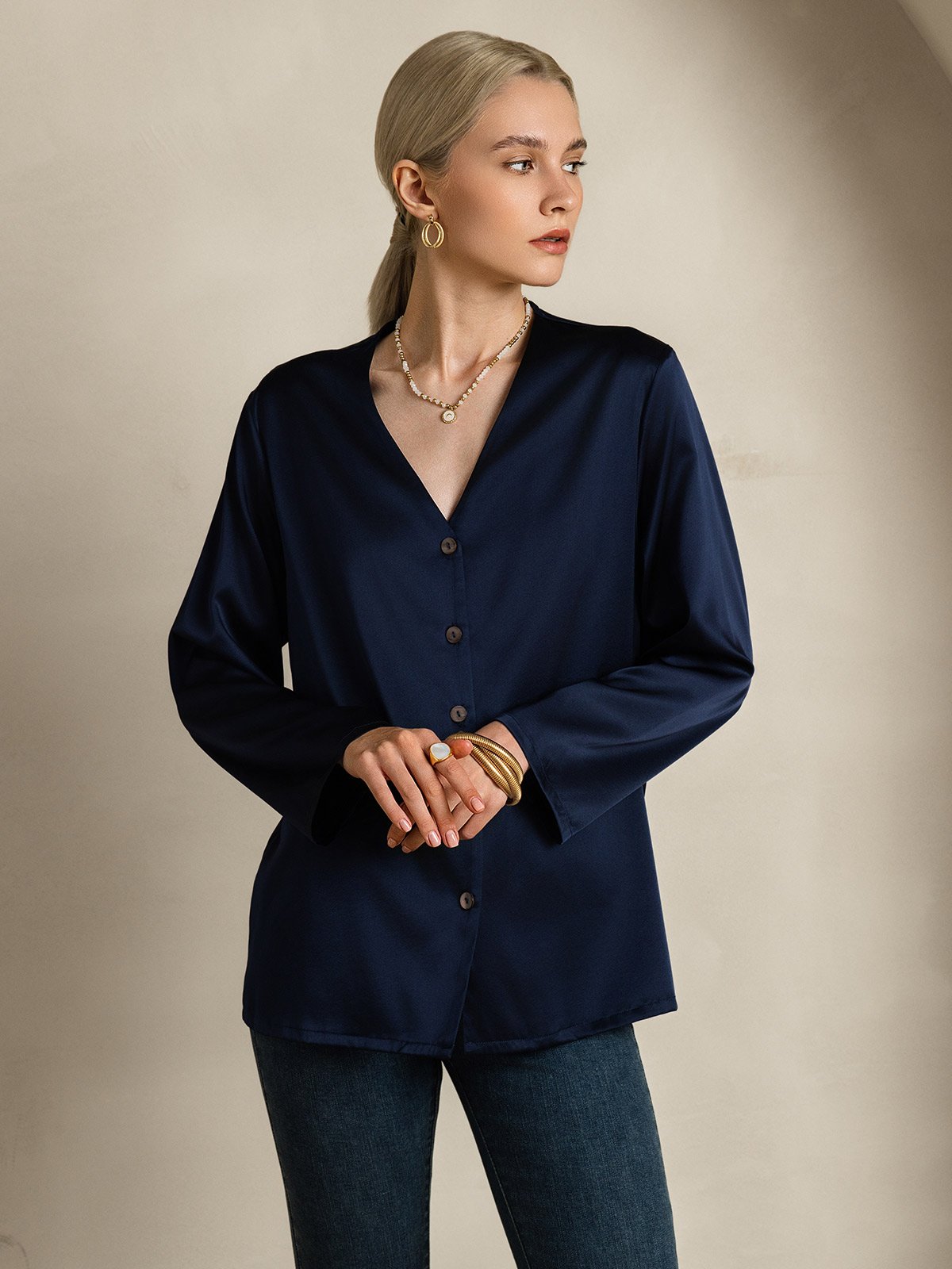 [Dark Blue] SilkSilky-AU 19Momme Silk V Neck Women's Shirt 005