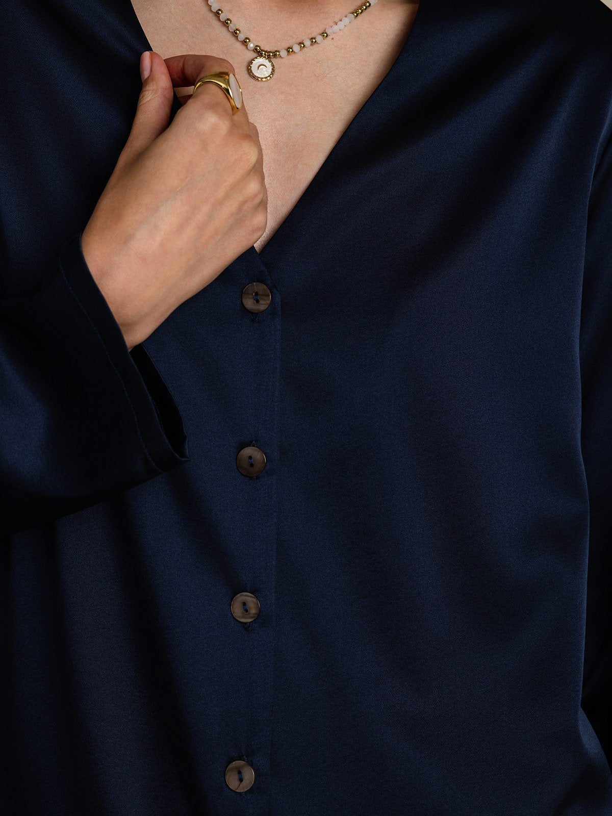 [Dark Blue] SilkSilky-AU 19Momme Silk V Neck Women's Shirt 007