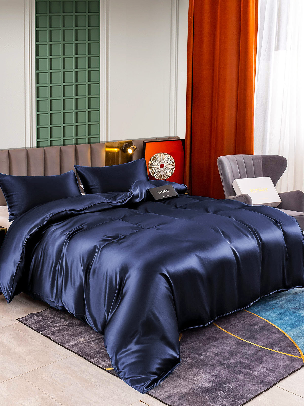 [Dark Blue] SilkSilky-AU 25Momme Pure Silk Bedding Set 001