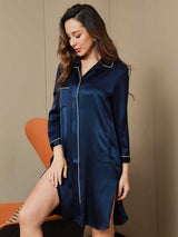 [Dark Blue] SilkSilky-AU Pure Silk 3/4 Sleeve Lapel Nightshirt 008