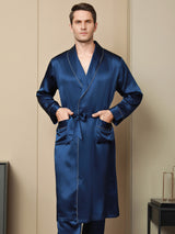 [Dark Blue] SilkSilky-AU Pure Silk Long Sleeve Lapel Men's Dressing Gown 001