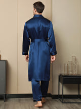 [Dark Blue] SilkSilky-AU Pure Silk Long Sleeve Lapel Men's Dressing Gown 002