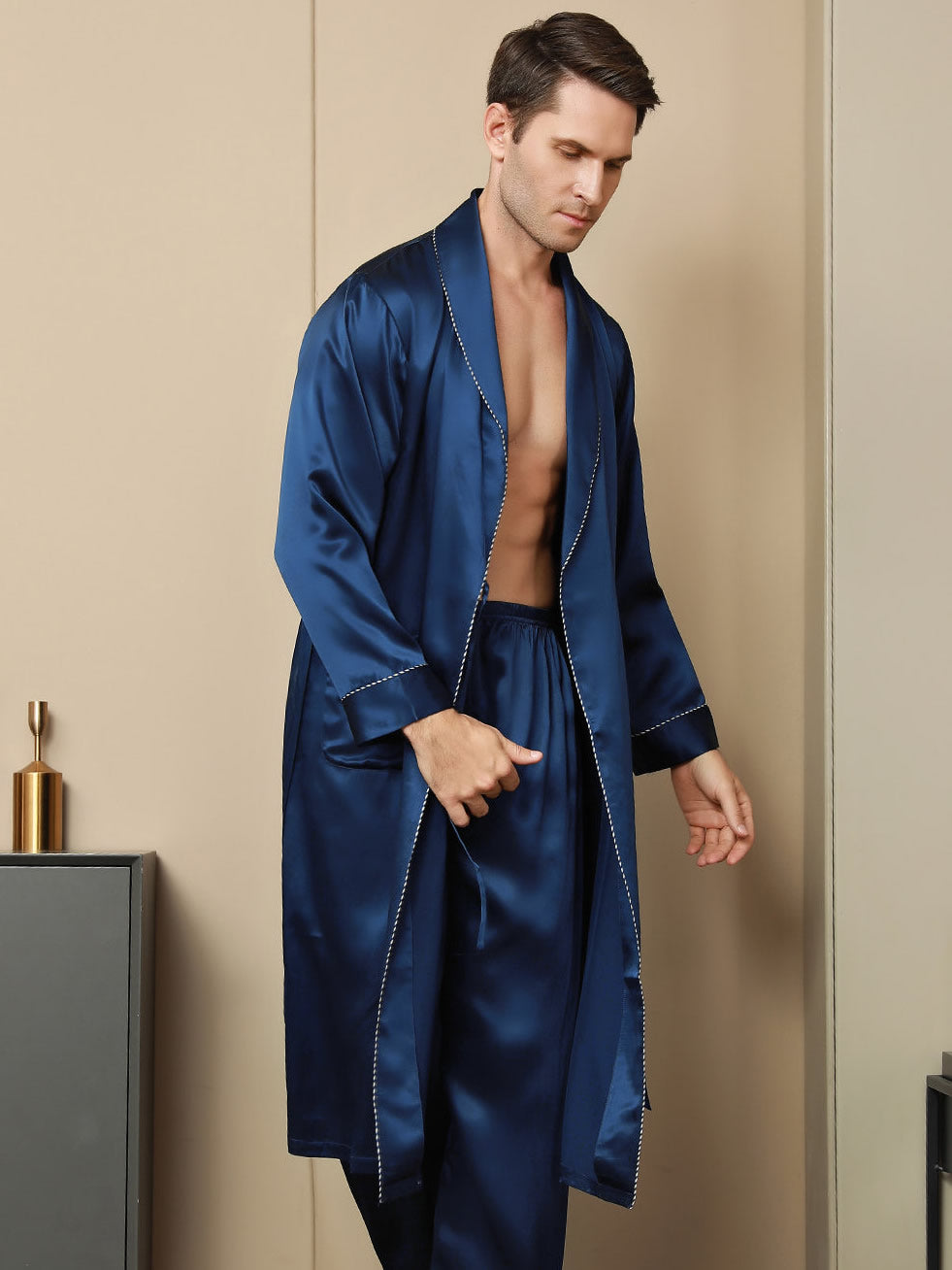 [Dark Blue] SilkSilky-AU Pure Silk Long Sleeve Lapel Men's Dressing Gown 003