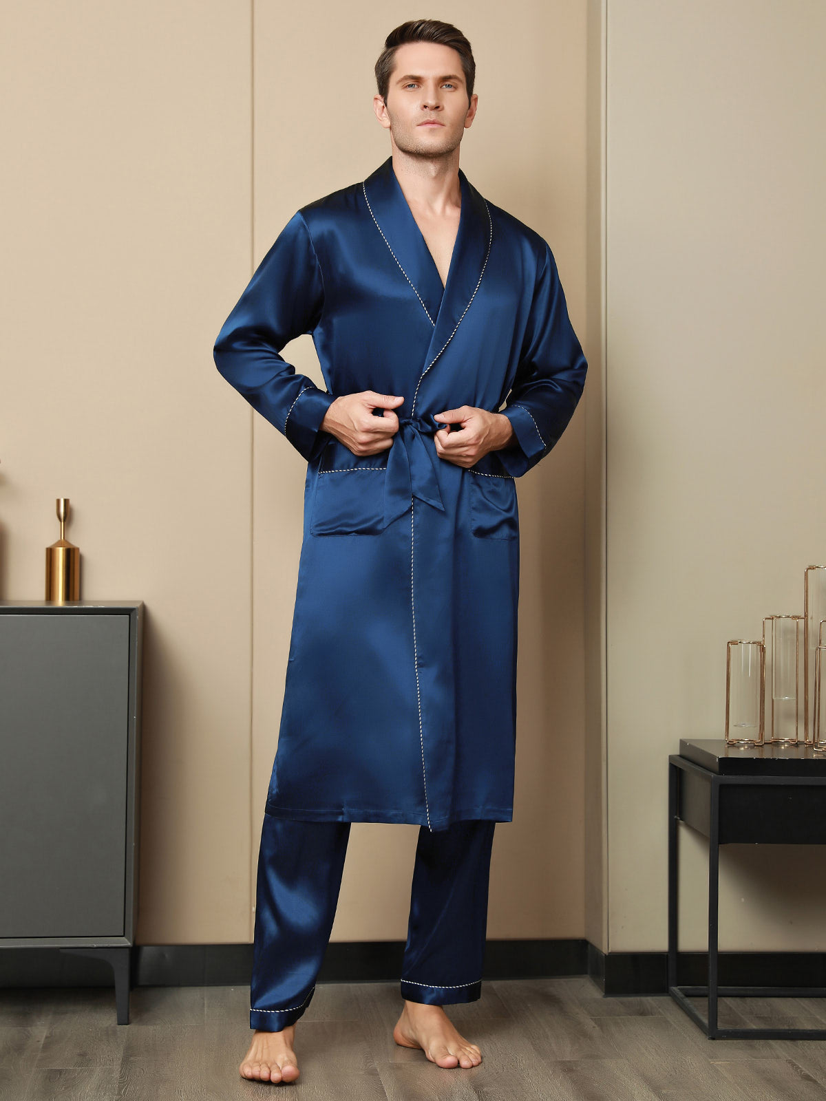[Dark Blue] SilkSilky-AU Pure Silk Long Sleeve Lapel Men's Dressing Gown 004