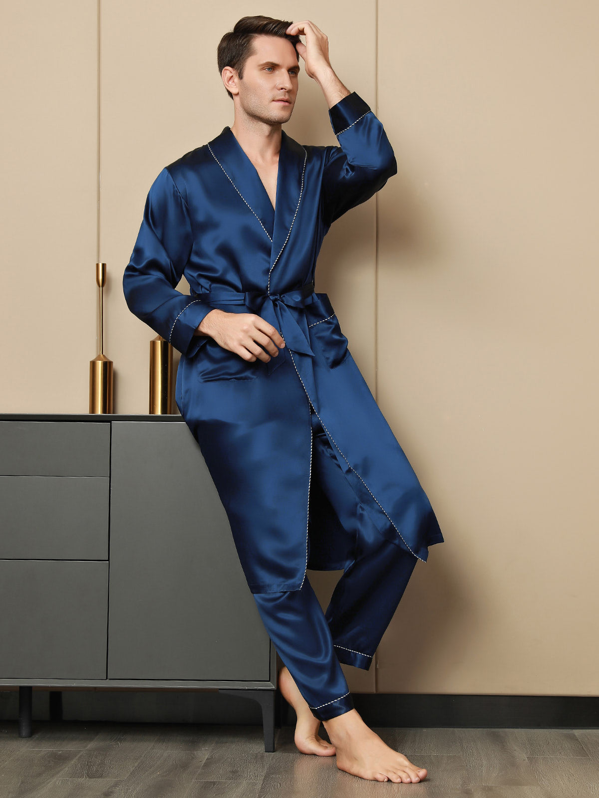 [Dark Blue] SilkSilky-AU Pure Silk Long Sleeve Lapel Men's Dressing Gown 005