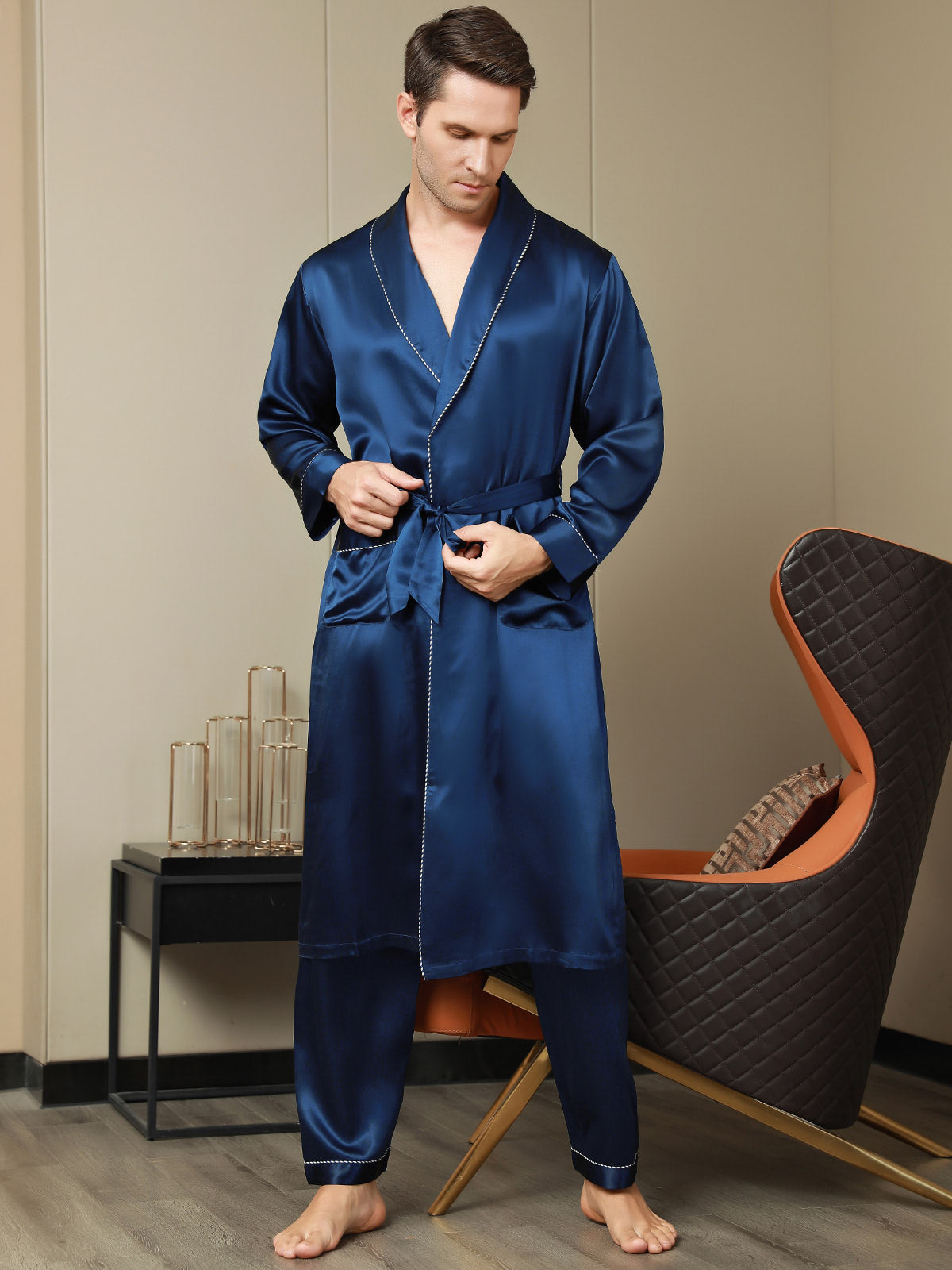 [Dark Blue] SilkSilky-AU Pure Silk Long Sleeve Lapel Men's Dressing Gown 006