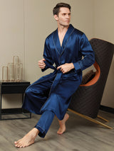 [Dark Blue] SilkSilky-AU Pure Silk Long Sleeve Lapel Men's Dressing Gown 007