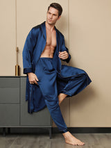 [Dark Blue] SilkSilky-AU Pure Silk Long Sleeve Lapel Men's Dressing Gown 008
