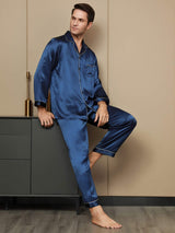 [Dark Blue] SilkSilky-AU Pure Silk Long Sleeve Lapel Men's Pyjamas 001