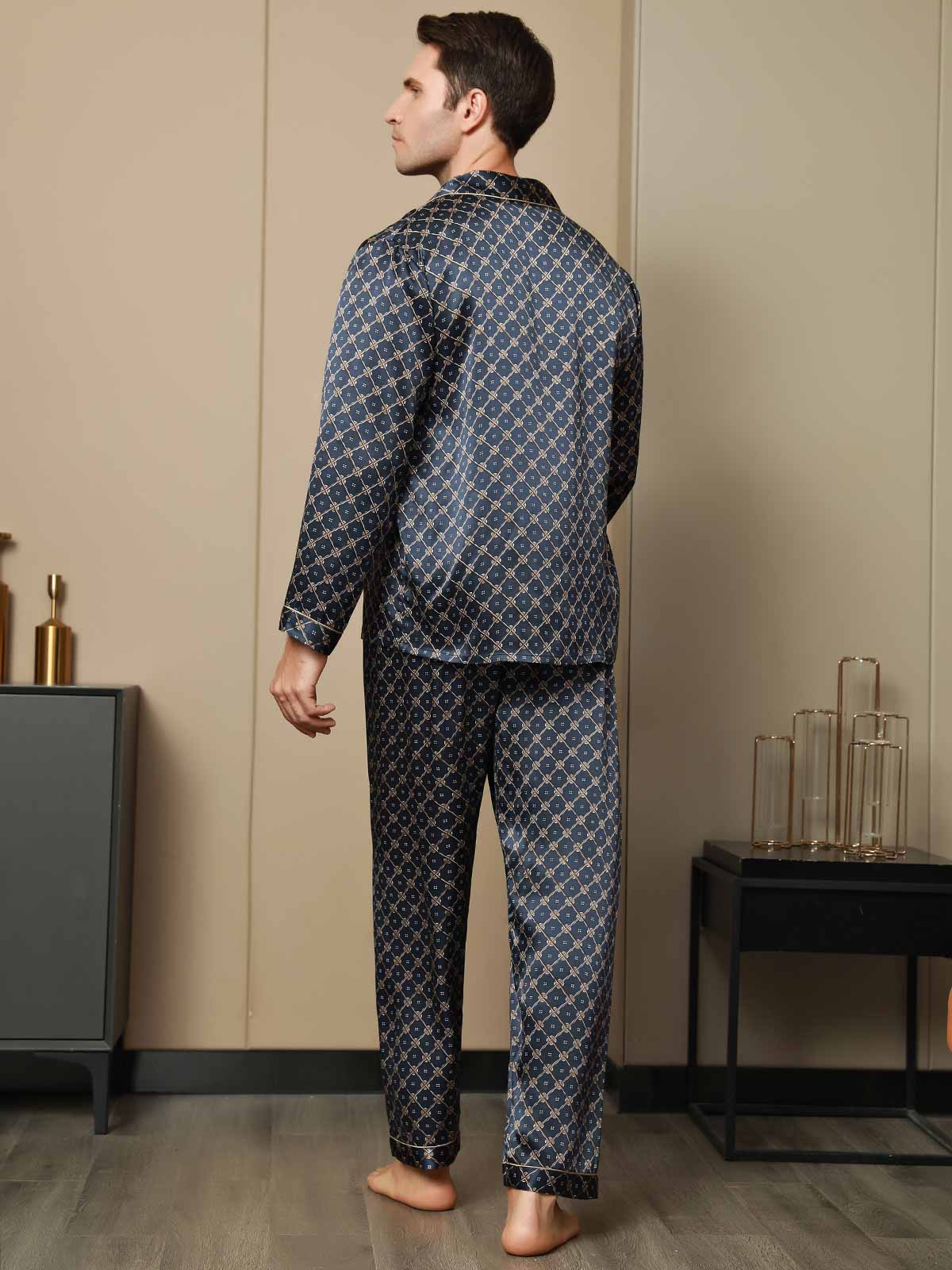 [Dark Blue] SilkSilky-AU Pure Silk Long Sleeve Lapel Men's Pyjamas 002