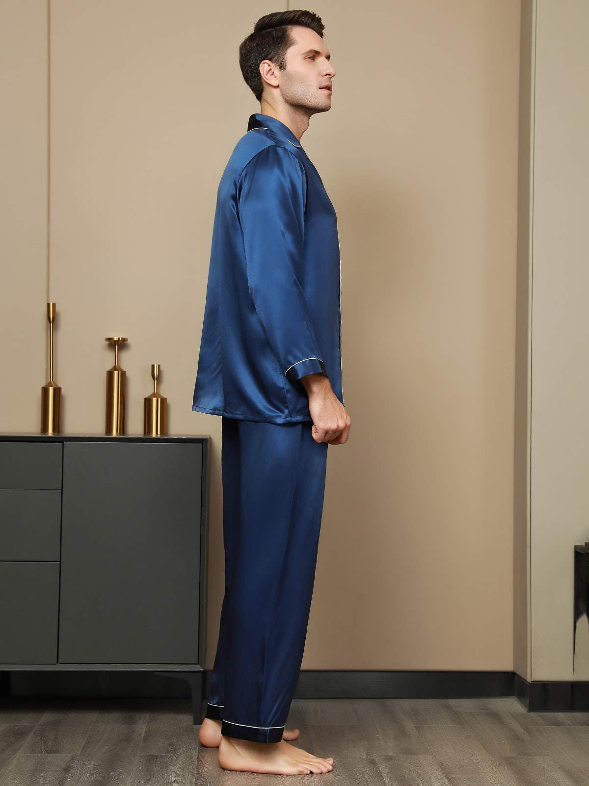 [Dark Blue] SilkSilky-AU Pure Silk Long Sleeve Lapel Men's Pyjamas 003