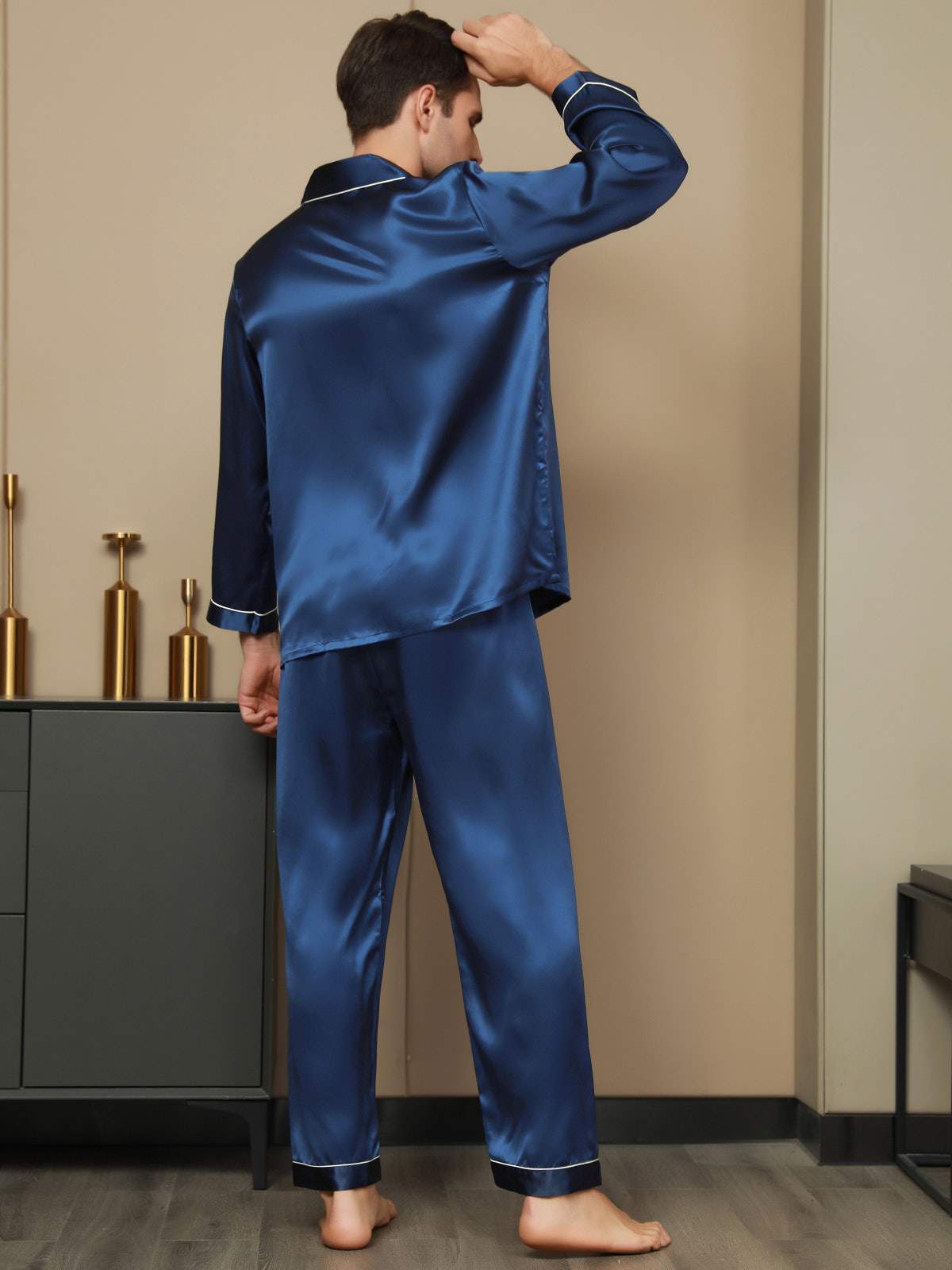 [Dark Blue] SilkSilky-AU Pure Silk Long Sleeve Lapel Men's Pyjamas 004
