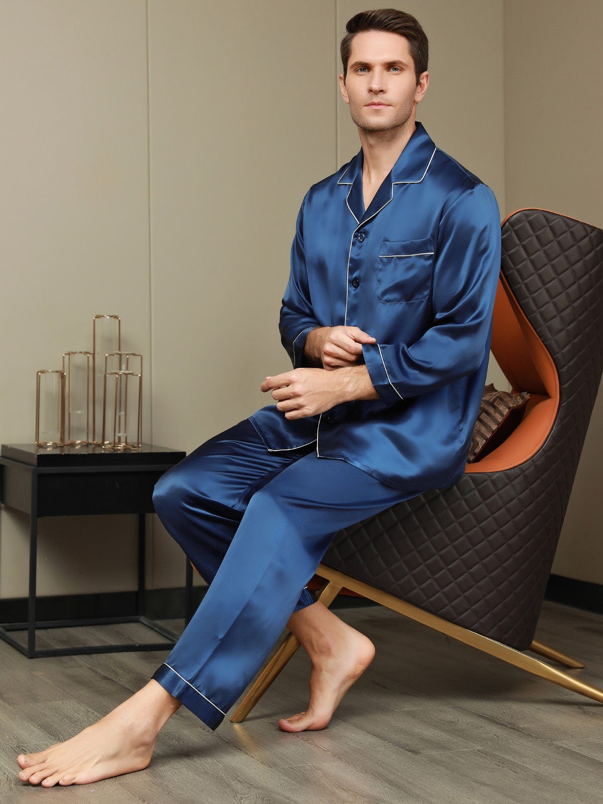 [Dark Blue] SilkSilky-AU Pure Silk Long Sleeve Lapel Men's Pyjamas 006