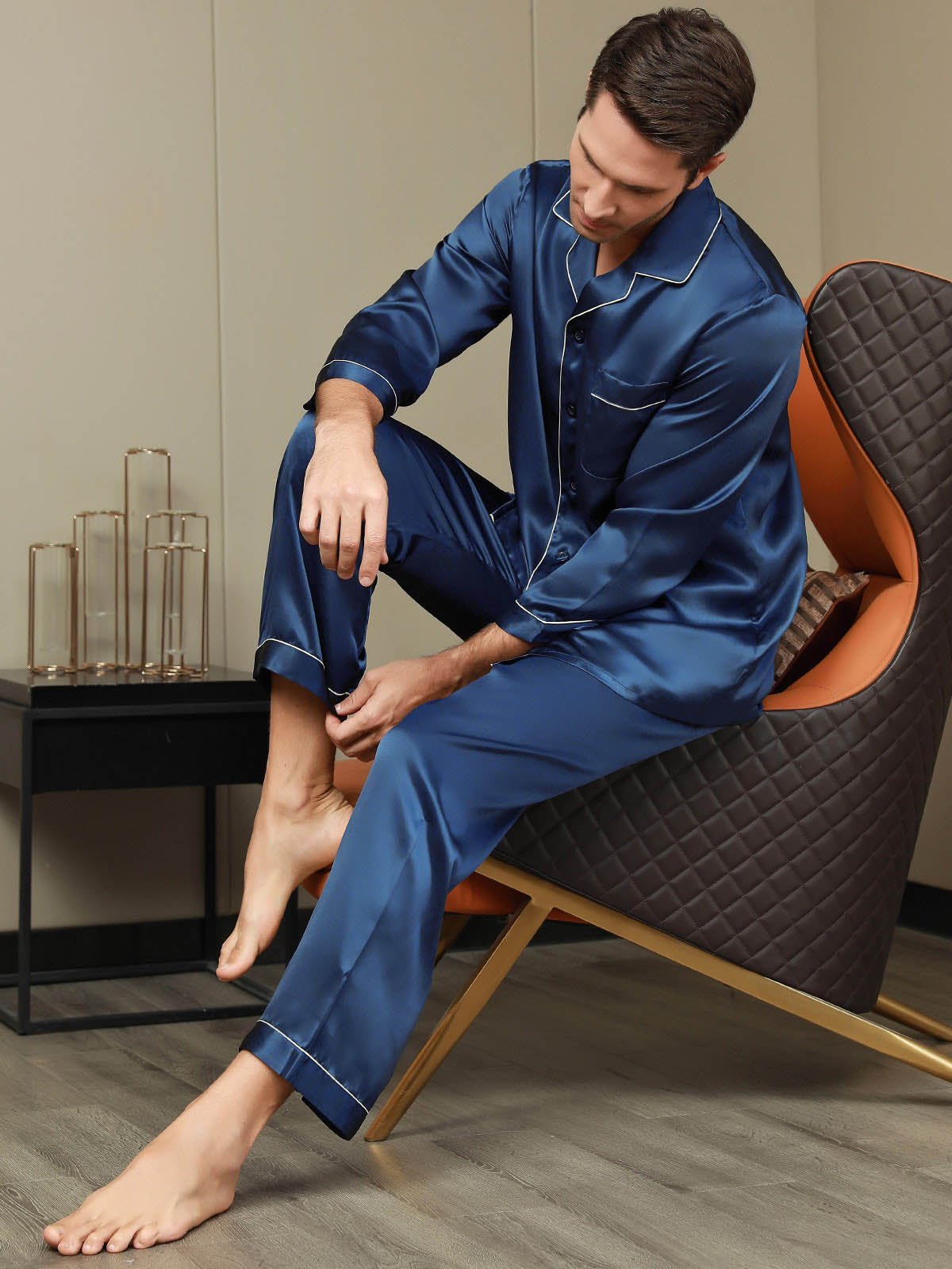 [Dark Blue] SilkSilky-AU Pure Silk Long Sleeve Lapel Men's Pyjamas 007