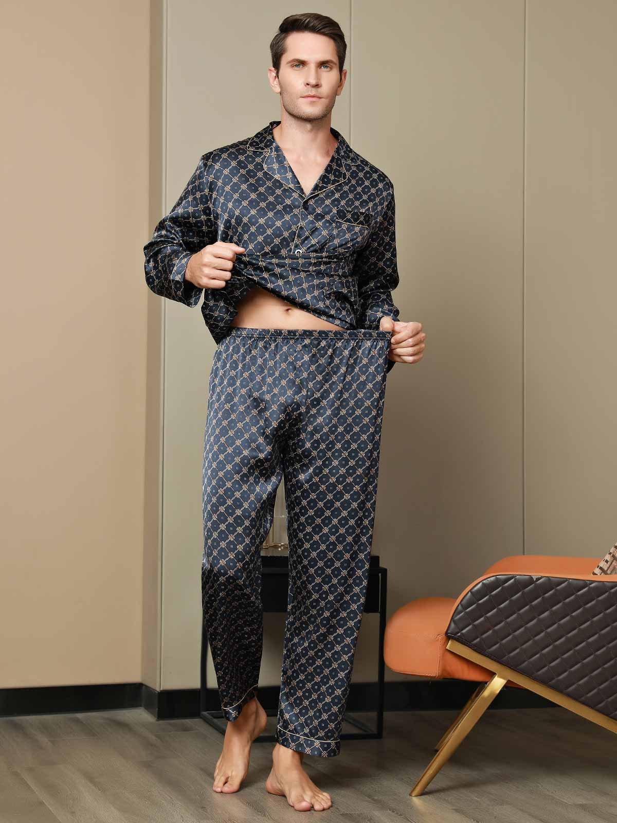 [Dark Blue] SilkSilky-AU Pure Silk Long Sleeve Lapel Men's Pyjamas 008