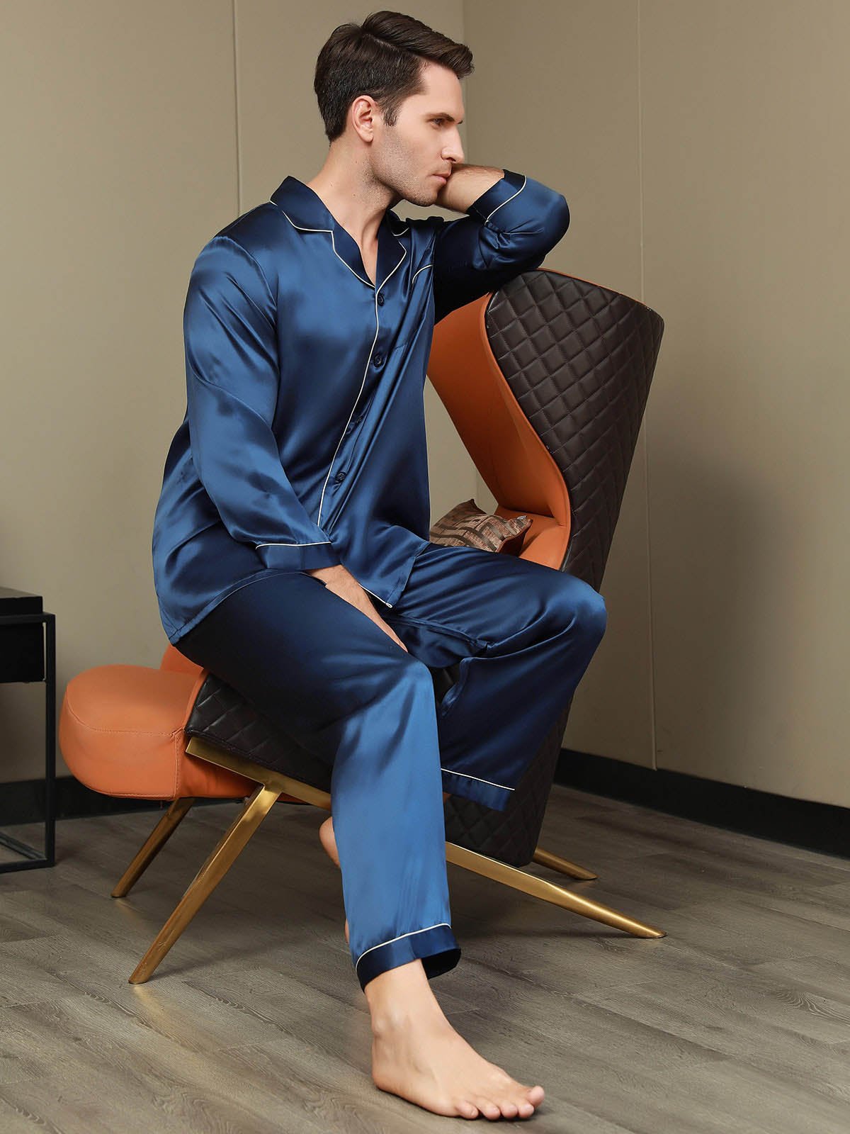 [Dark Blue] SilkSilky-AU Pure Silk Long Sleeve Lapel Men's Pyjamas 008