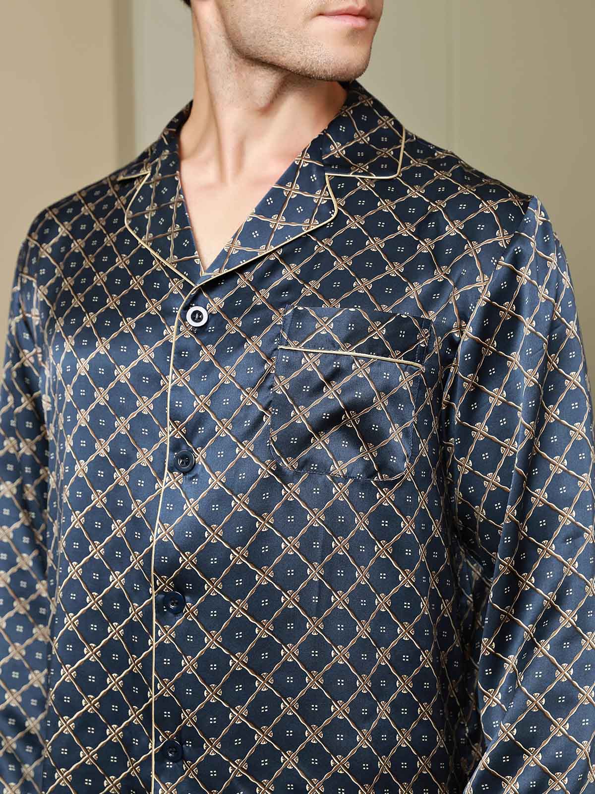 [Dark Blue] SilkSilky-AU Pure Silk Long Sleeve Lapel Men's Pyjamas 009