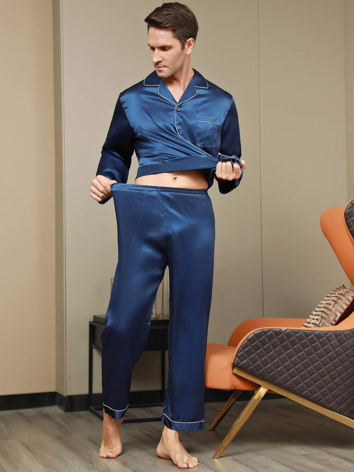 [Dark Blue] SilkSilky-AU Pure Silk Long Sleeve Lapel Men's Pyjamas 009