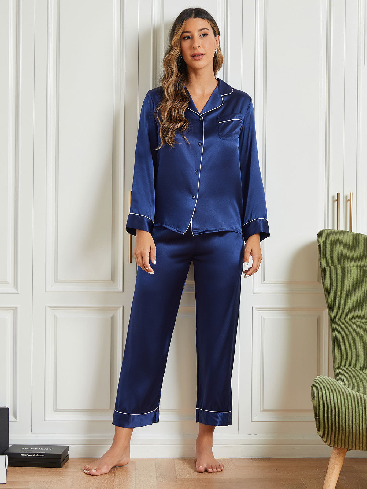 [Dark Blue] SilkSilky-AU Pure Silk Long Sleeve Lapel Women's Pyjamas 001