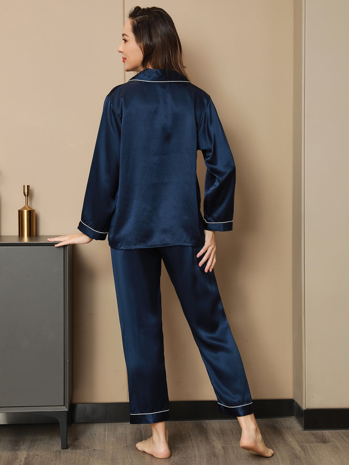 [Dark Blue] SilkSilky-AU Pure Silk Long Sleeve Lapel Women's Pyjamas 003