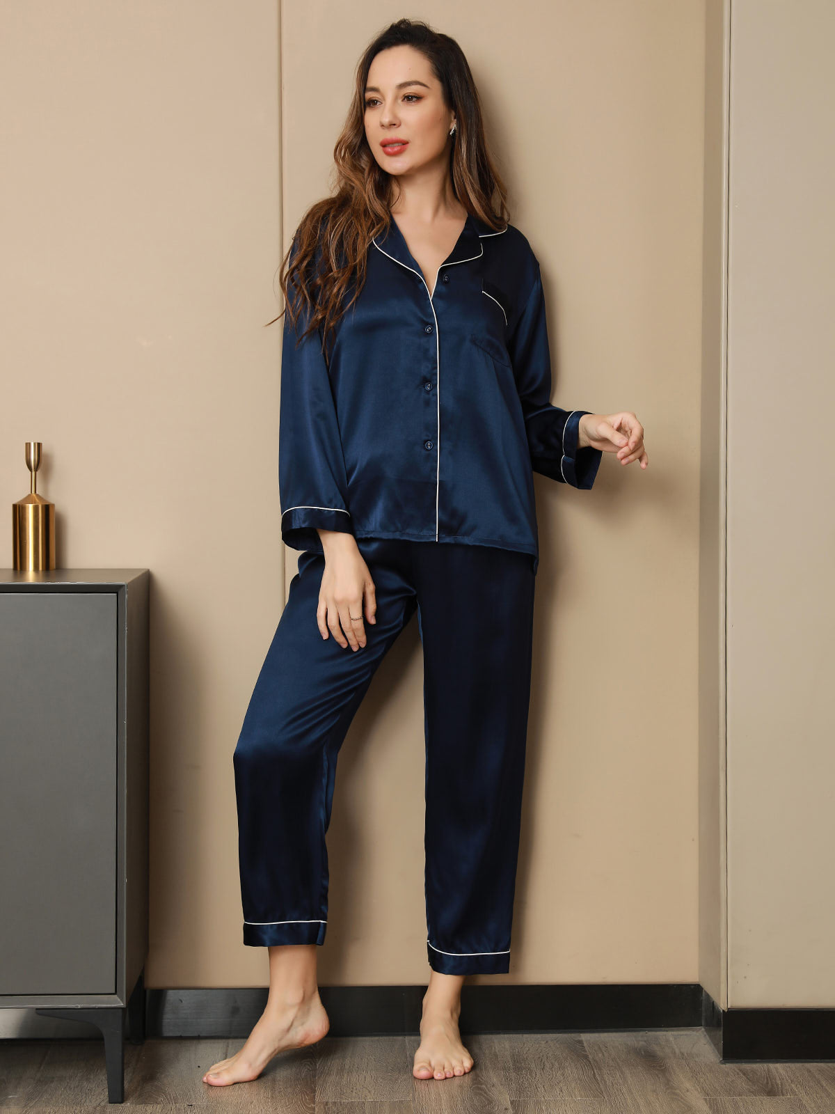 [Dark Blue] SilkSilky-AU Pure Silk Long Sleeve Lapel Women's Pyjamas 005