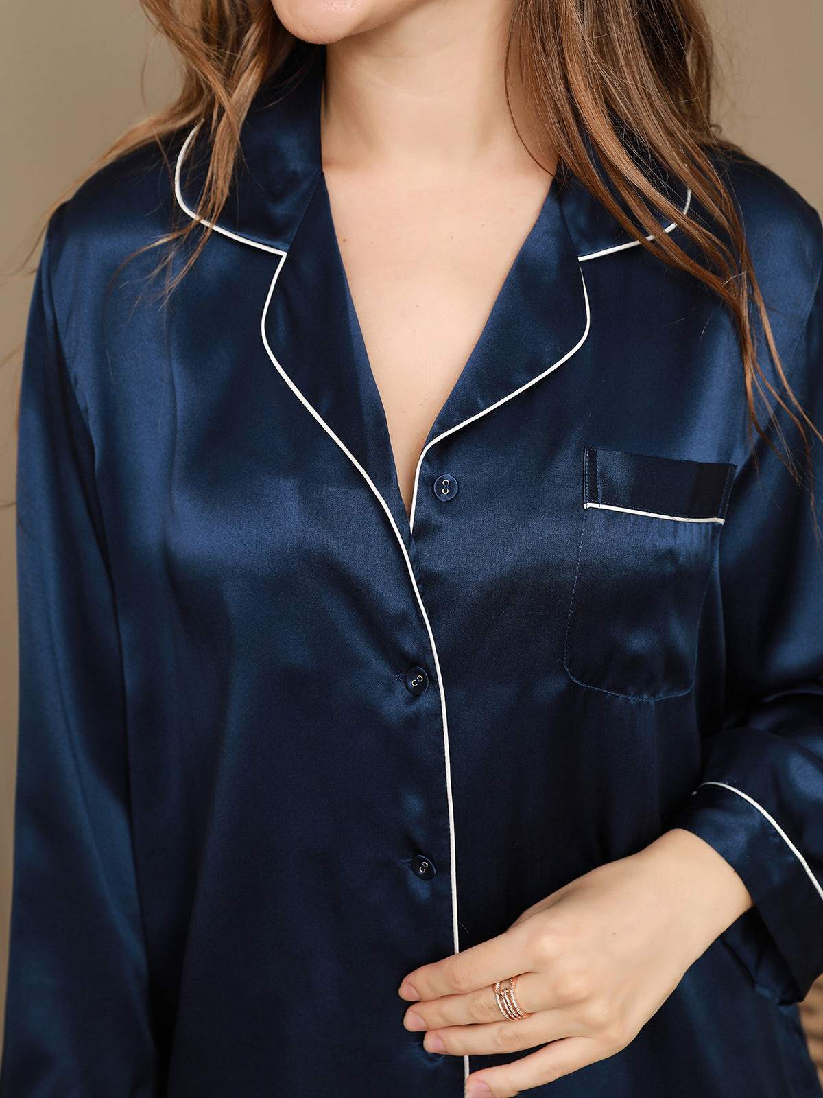 [Dark Blue] SilkSilky-AU Pure Silk Long Sleeve Lapel Women's Pyjamas 008