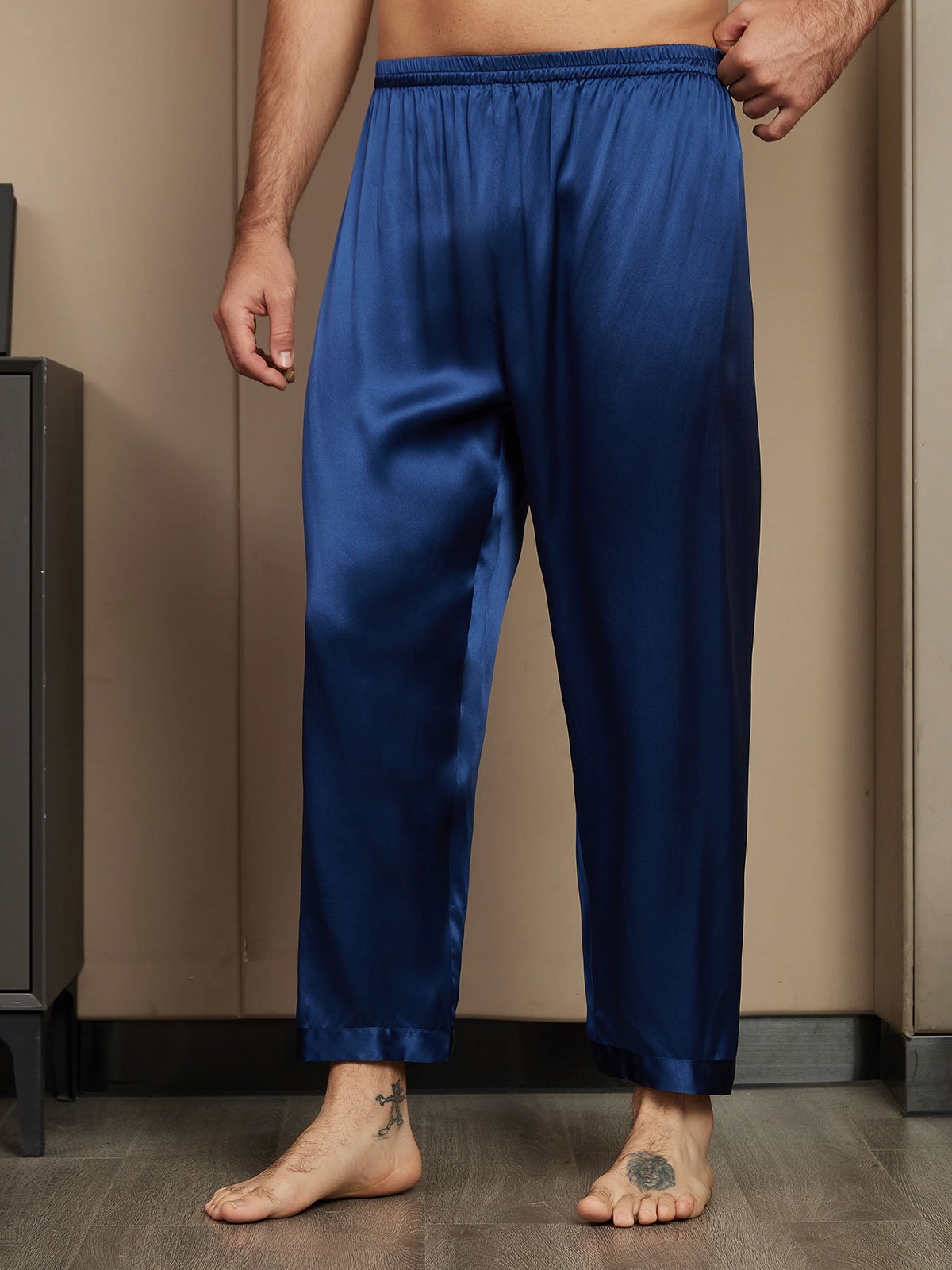 [Dark Blue] SilkSilky-AU Pure Silk Mens Sleep Bottoms 001